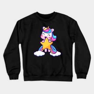 Cute Unicorn Flying With Star And Rainbow Cloud Cartoon Crewneck Sweatshirt